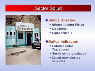 Sector SaludSector Salud
Daños Directos
 Infraestructura Física
 Mobiliario
 Equipamiento
Daños Indirectos
 Enfermedades
Trazadoras
 Servicios no prestados
 Mayor provisión de
servicios
 