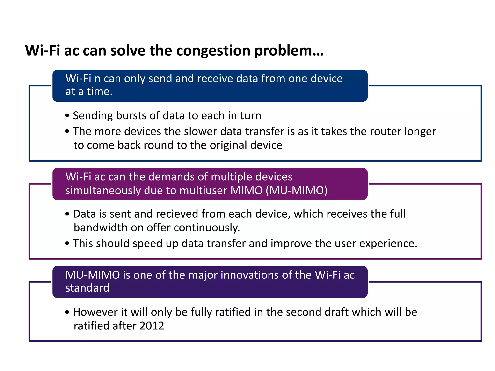 Wi-Fi ac can solve the congestion problem…
     Wi-Fi n can only send and receive data from one device
     at a time.
     • Sending bursts of data to each in turn
     • The more devices the slower data transfer is as it takes the router longer
       to come back round to the original device

     Wi-Fi ac can the demands of multiple devices
     simultaneously due to multiuser MIMO (MU-MIMO)
     • Data is sent and recieved from each device, which receives the full
       bandwidth on offer continuously.
     • This should speed up data transfer and improve the user experience.

     MU-MIMO is one of the major innovations of the Wi-Fi ac
     standard
     • However it will only be fully ratified in the second draft which will be
       ratified after 2012
 
