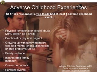 Adverse Childhood Experiences
• Physical, emotional or sexual abuse
(25% beaten as a child)
• Emotional or physical neglect
• Growing up with family members
who had mental illness, alcoholism
or drug problems (25%)
• Family violence
• Incarcerated family
member
• One or no parents
• Parental divorce
Adverse Childhood Experiences (ACE)
Study. Information available at
http://www.cdc.gov/ace/index.htm
Of 17,000 respondents, two-thirds had at least 1 adverse childhood
event.
 