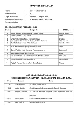 IMPACTO EN SANTA CLARA

Fecha                            :      Sábado 23 de febrero
Hora de salida                   :      8:00
Lugar de reunión                 :      Rotonda – Campus UPeU
Pastor distrital Vitarte B       :      Pr. Esteban – RPC: 989282463
Grupos de trabajo                :

ESCUELA SABÁTICA Y SERMÓN – 9:00
Grupo                                    Integrantes                                 IGLESIA

  1        Elmer Mamani , Daniel Alomía, Soledad Morón                          Iglesia Central
  2        David Palacios, Eloy Colque                                          Gloria

  3        Wilberth Gonzáles Taco, Nemías Saboya                                El Eden
  4        Lic. LeidyKaelin, Fernando Quispe, Wilma Villanueva                  Villa San Luis
  5        Martha Batista Torres, Vicente Meza                                  Heraldos del rey

  6        Abel Apaza Romero y Esposa, Marco Simon                              Sinaí

  7        Daniel Padilla, Nidia Montalvo, Filomena Ameyer                      Getsemaní

  8        Mercedes Campos, Rosa Millones                                       Éfeso
  9        Lic. Julián Usca, Lic. Juan Bustamante, Maribel Mamani               San Juan

  10       Benjamín Jaime, Carlos Camacho                                       Las Terrazas

  11       Rodolfo Alanía, Eleodoro Mori, Sonia Robles                          Mirador




                                     JORNADA DE CAPACITACIÓN– 15:00
           LÍDERES DE ESCUELA SABÁTICA – IGLESIA CENTRAL DE SANTA CLARA
   Hora              Ponente                                      Tema

   15:00        Elmer Mamani            La Pedagogía de Jesús

   16:00        Martha Batista          Metodología de la Enseñanza de la Escuela Sabática

   16:50        Wilberth Gonzales       El Líder de Escuela Sabática y las Relaciones con sus

                                        Alumnos

   17:20        Daniel Alomía           Como Elaborar una Clase Eficaz

   18:00        Marco Simon             Despedida de Sábado
 