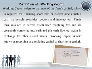 Definition of 'Working Capital'
Working Capital refers to that part of the firm’s capital, which
is required for financing short-term or current assets such a
cash marketable securities, debtors and inventories.

Funds

thus, invested in current assets keep revolving fast and are
constantly converted into cash and this cash flow out again in
exchange for other current assets. Working Capital is also

known as revolving or circulating capital or short-term capital.

 