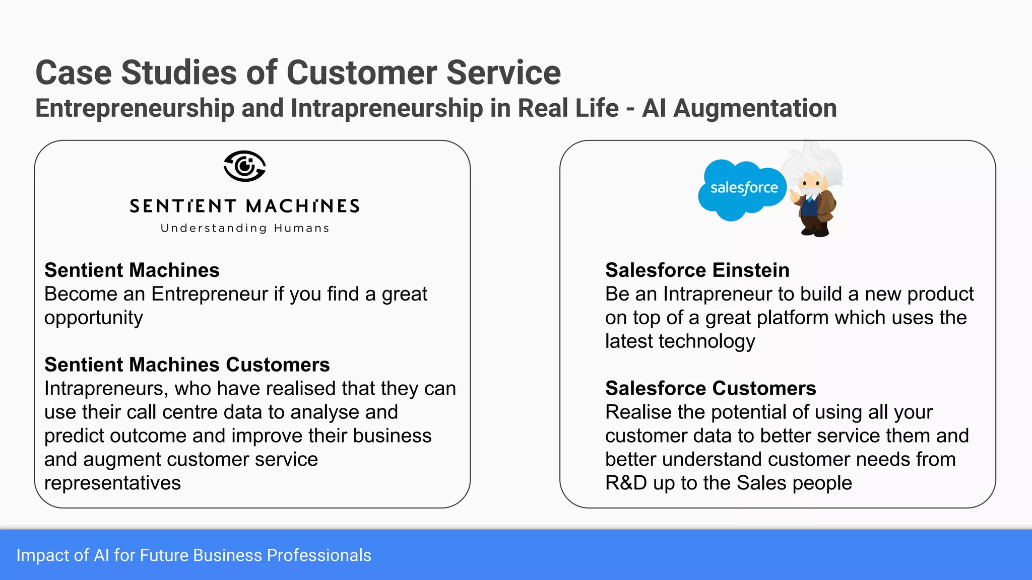Impact of AI for Future Business Professionals
Case Studies of Customer Service
Entrepreneurship and Intrapreneurship in Real Life - AI Augmentation
Salesforce Einstein
Be an Intrapreneur to build a new product
on top of a great platform which uses the
latest technology
Salesforce Customers
Realise the potential of using all your
customer data to better service them and
better understand customer needs from
R&D up to the Sales people
Sentient Machines
Become an Entrepreneur if you find a great
opportunity
Sentient Machines Customers
Intrapreneurs, who have realised that they can
use their call centre data to analyse and
predict outcome and improve their business
and augment customer service
representatives
 