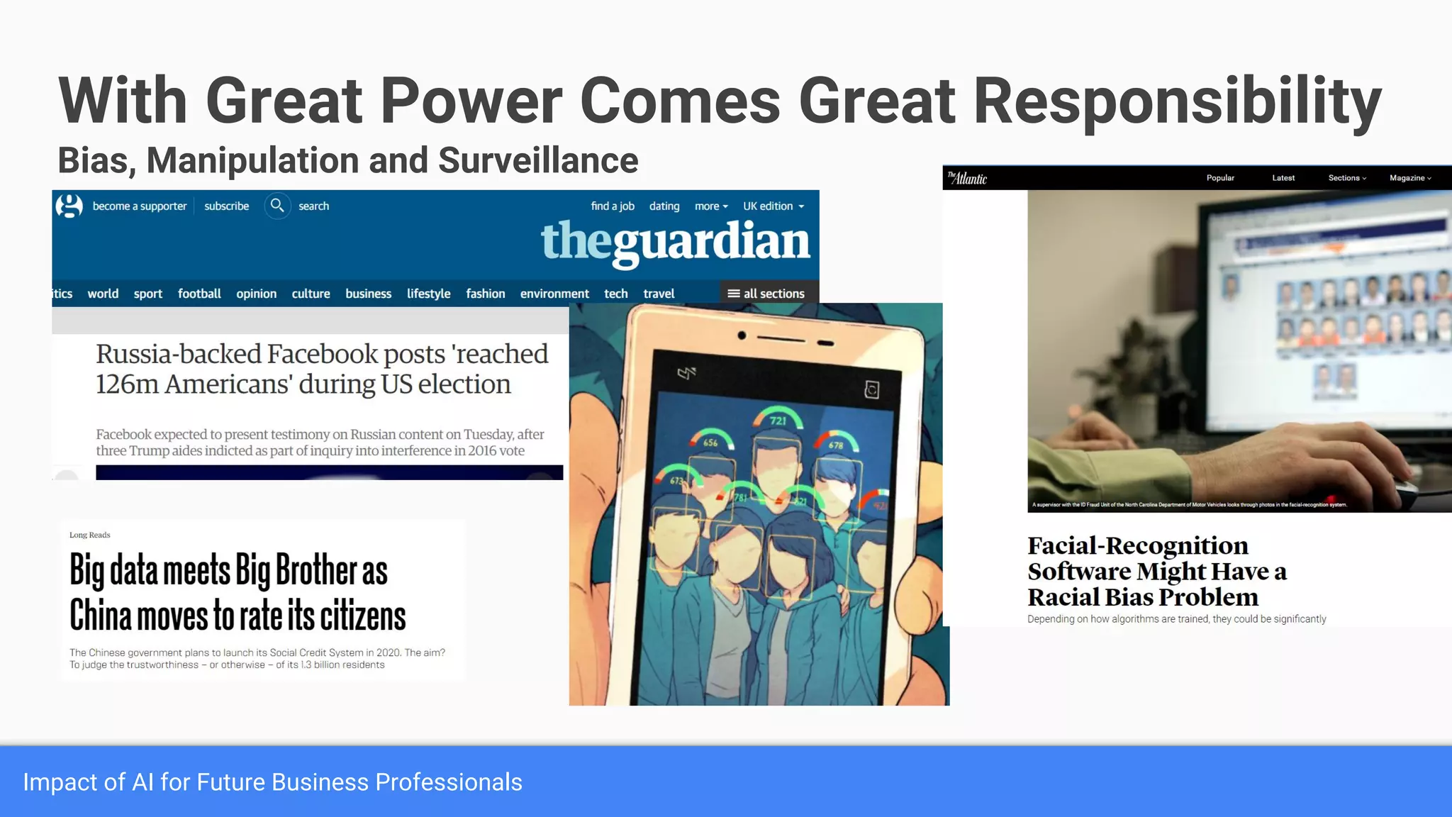 Impact of AI for Future Business Professionals
With Great Power Comes Great Responsibility
Bias, Manipulation and Surveillance
 