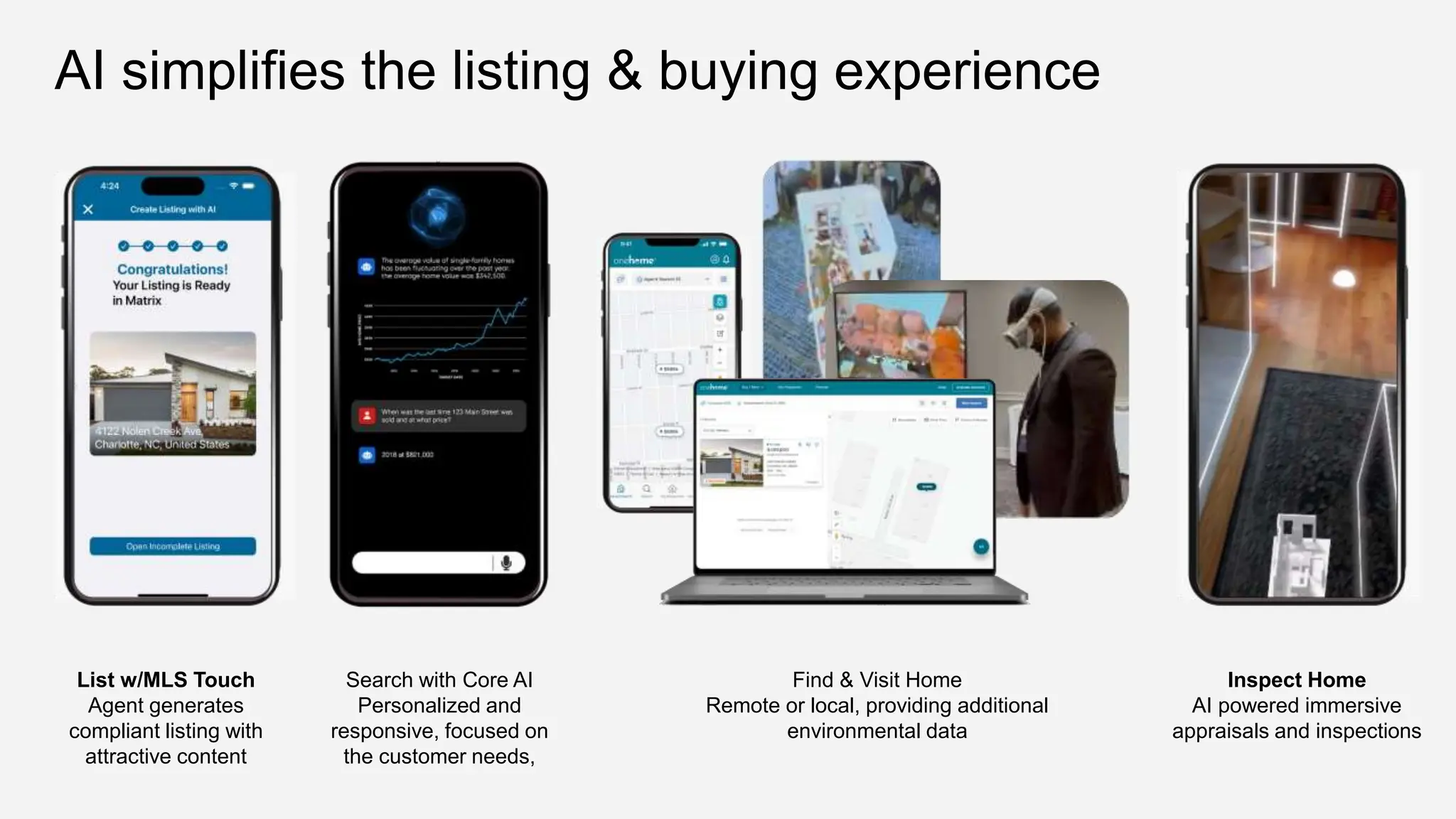 AI simplifies the listing & buying experience
List w/MLS Touch
Agent generates
compliant listing with
attractive content
Search with Core AI
Personalized and
responsive, focused on
the customer needs,
Find & Visit Home
Remote or local, providing additional
environmental data
Inspect Home
AI powered immersive
appraisals and inspections
 