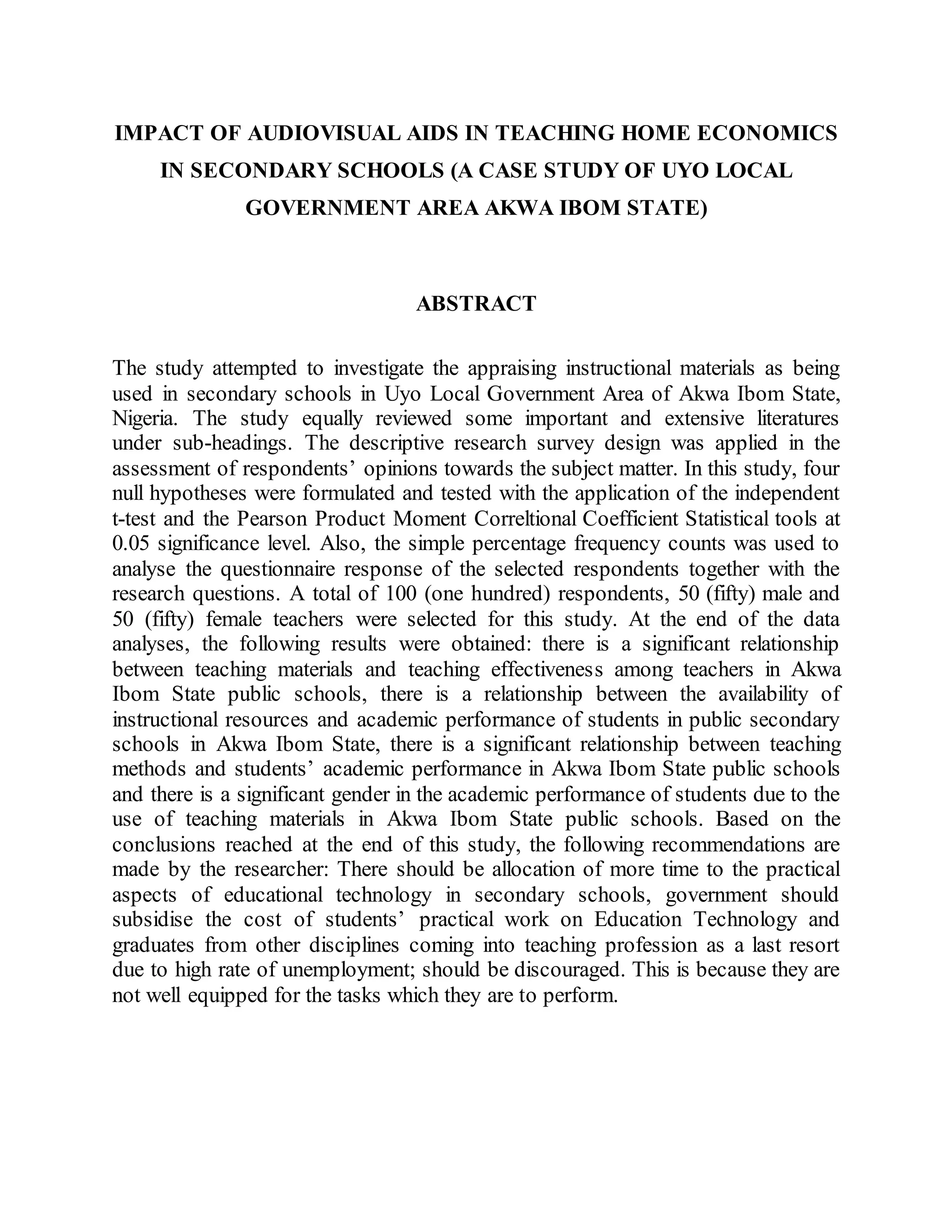 Impact of audiovisual aids in teaching home economics in secondary ...