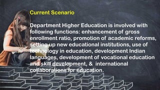 Current Scenario
Department Higher Education is involved with
following functions: enhancement of gross
enrollment ratio, promotion of academic reforms,
setting up new educational institutions, use of
technology in education, development Indian
languages, development of vocational education
and skill development, & international
collaborations for education.
 