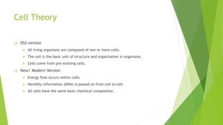 Cell Theory
 Old version
 All living organisms are composed of one or more cells.
 The cell is the basic unit of structure and organization in organisms.
 Cells come from pre-existing cells.
 New/ Modern Version
 Energy flow occurs within cells.
 Heredity information (DNA) is passed on from cell to cell.
 All cells have the same basic chemical composition.
 