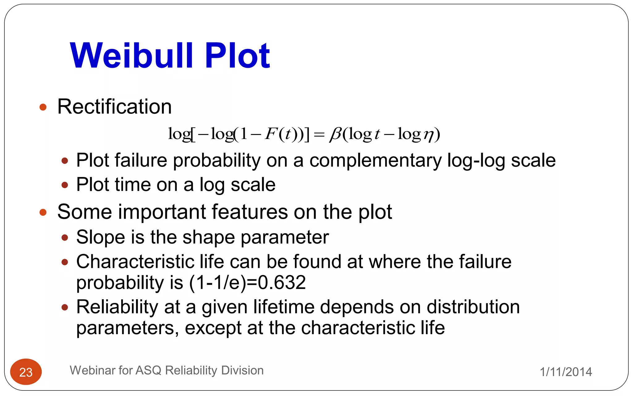  Rectification
 Plot failure probability on a complementary log-log scale
 Plot time on a log scale
 Some important features on the plot
 Slope is the shape parameter
 Characteristic life can be found at where the failure
probability is (1-1/e)=0.632
 Reliability at a given lifetime depends on distribution
parameters, except at the characteristic life
1/11/2014Webinar for ASQ Reliability Division23
Weibull Plot
)log(log))](1log(log[   ttF
 