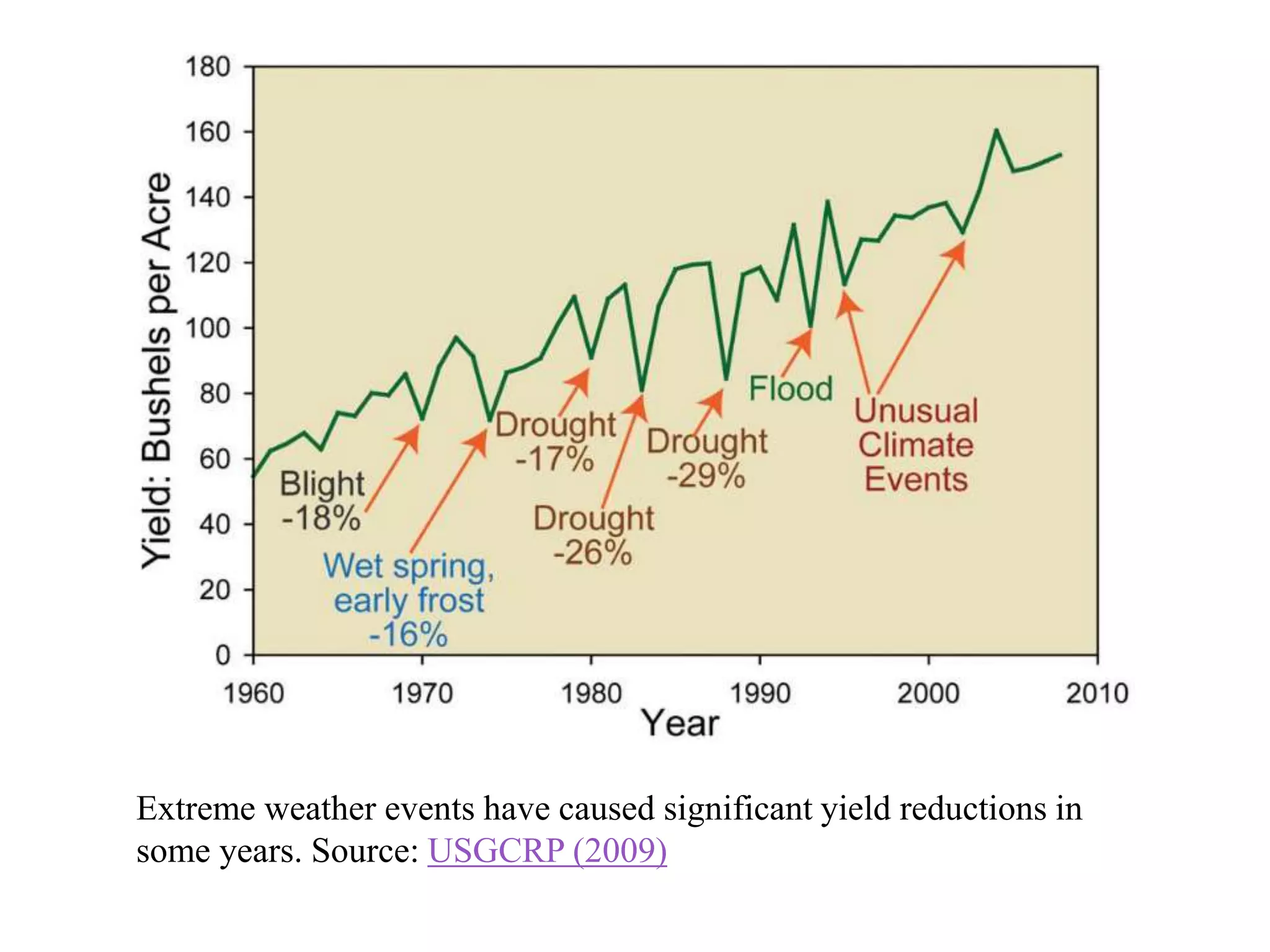 Extreme weather events have caused significant yield reductions in
some years. Source: USGCRP (2009)
 