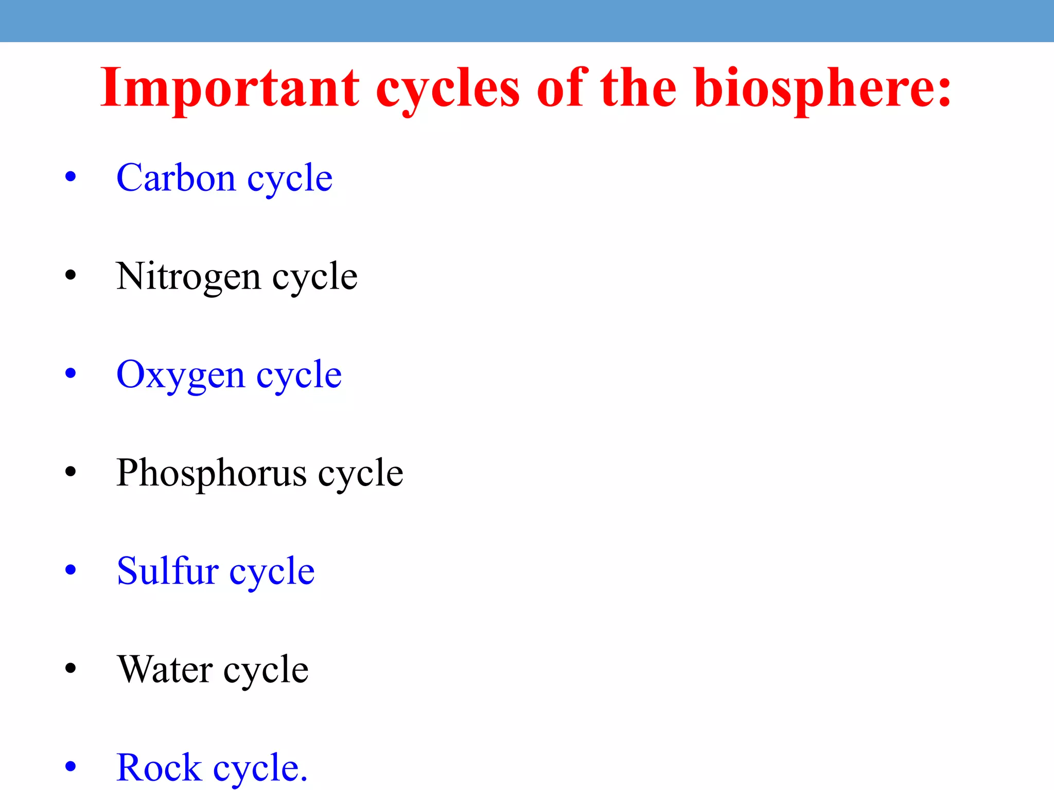 Important cycles of the biosphere:
• Carbon cycle
• Nitrogen cycle
• Oxygen cycle
• Phosphorus cycle
• Sulfur cycle
• Water cycle
• Rock cycle.
 