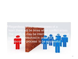 11
Roadblocks and Barriers to
Collaboration within School
Culture
Regardless of the cohesiveness of a
team,there will be times when conflict arises.
The conflicts may be internal or interpersonal
but must be resolved in order for the
collaborative process to be successful.
 