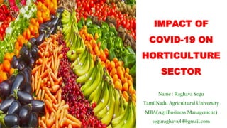 IMPACT OF
COVID-19 ON
HORTICULTURE
SECTOR
Name : Raghava Segu
TamilNadu Agricultural University
MBA(AgriBusiness Management)
seguraghava44@gmail.com
 