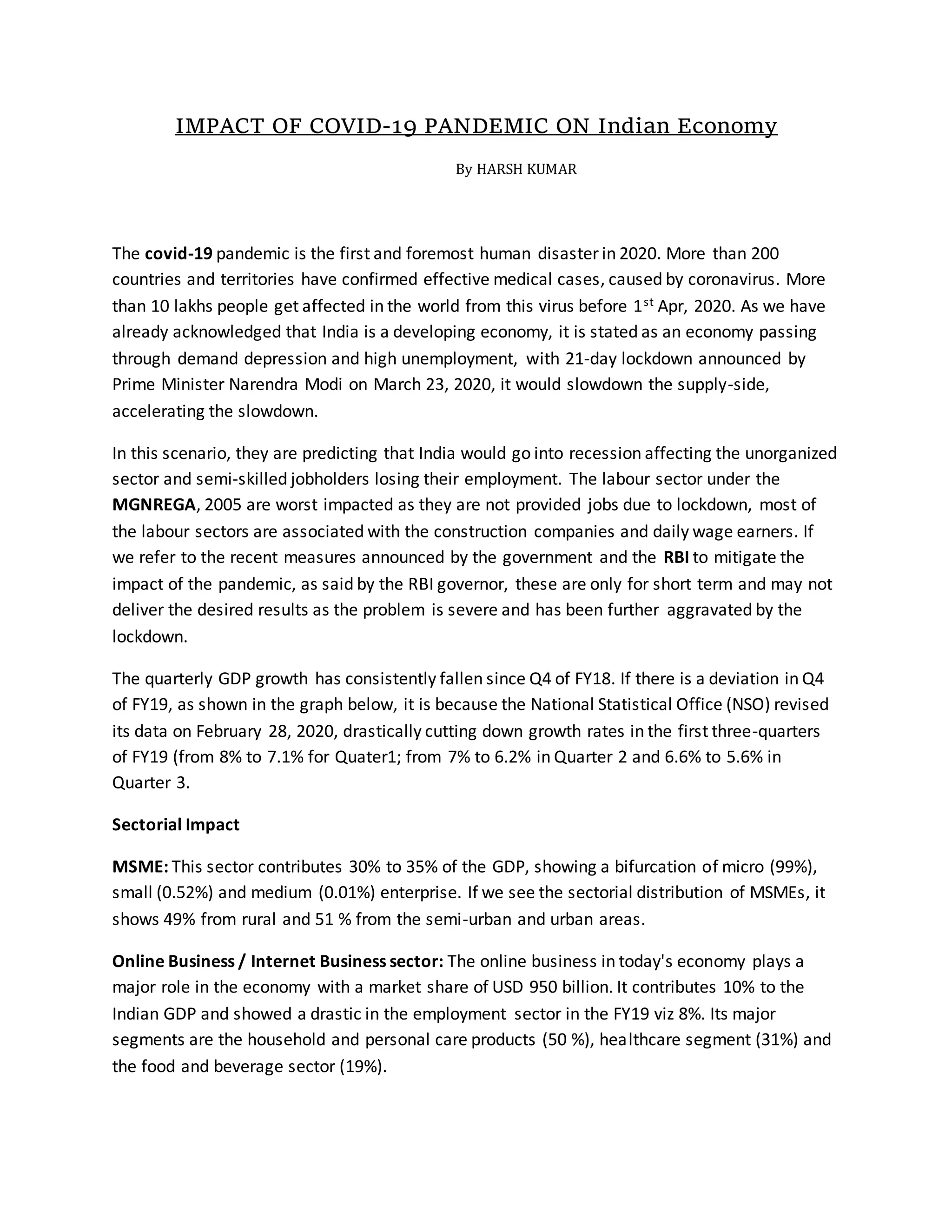 Impact of covid 19 pandemic on indian economy | DOCX