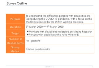 Survey Outline
2
Purpose
To understand the difficulties persons with disabilities are
facing during the COVID-19 pandemic,...