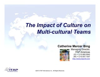Th I t f C lt
The Impact of Culture on
Multi-cultural Teams
Multi cultural Teams
Catherine Mercer Bing
Managing Director,
ITAP Americas
(O) +1.215.860.5640
(M) +1.215.937.1557
http://www.itapintl.com
©2013 ITAP International, Inc. All Rights Reserved.
 