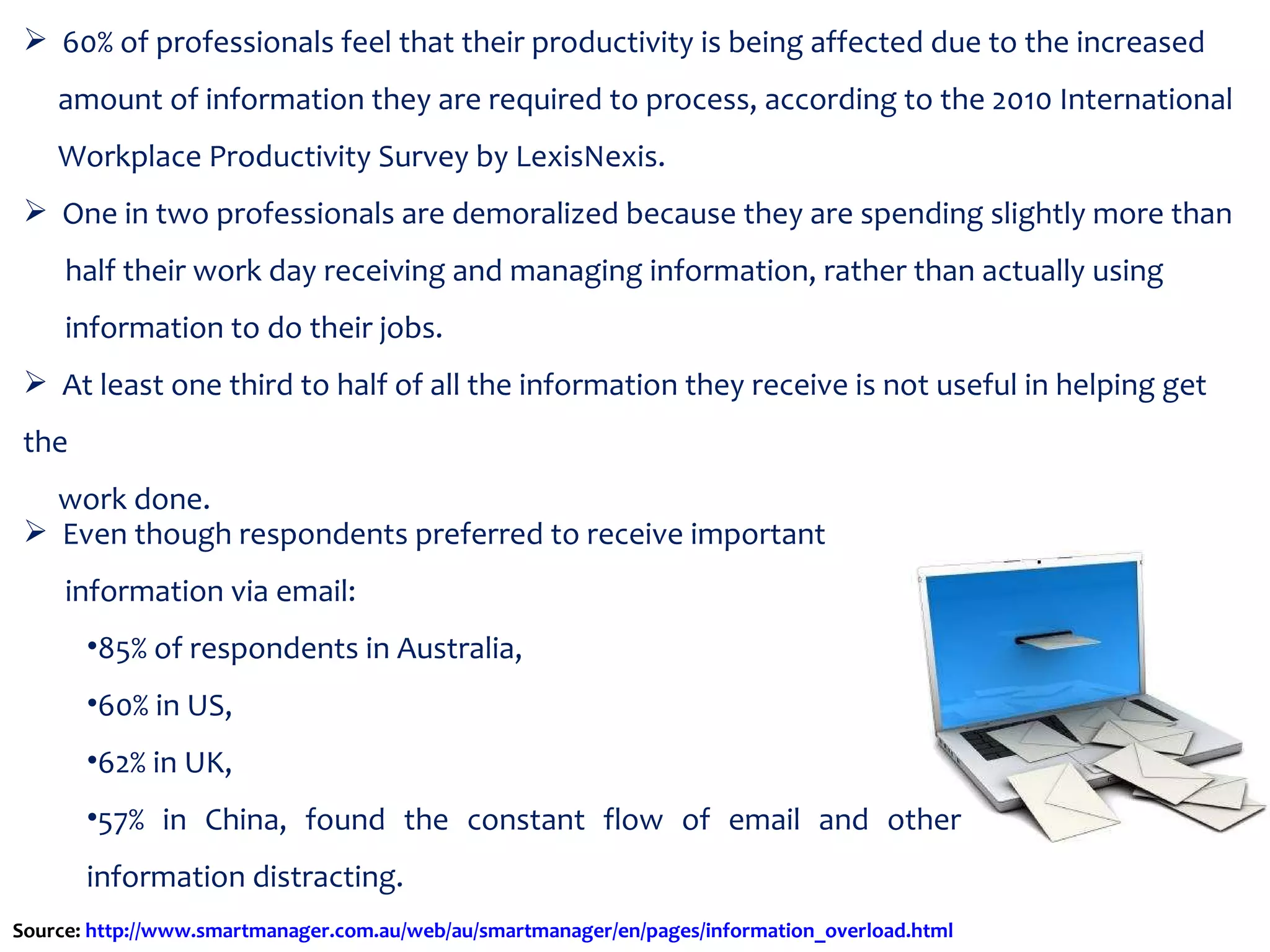 60% of professionals feel that their productivity is being affected due to the increased  amount of information they are required to process, according to the 2010 International  Workplace Productivity Survey by LexisNexis. One in two professionals are demoralized because they are spending slightly more than  half their work day receiving and managing information, rather than actually using  information to do their jobs. At least one third to half of all the information they receive is not useful in helping get the  work done. Even though respondents preferred to receive important  information via email:  85% of respondents in Australia, 60% in US, 62% in UK, 57% in China, found the constant flow of email and other information distracting. Source:  http://www.smartmanager.com.au/web/au/smartmanager/en/pages/information_overload.html  