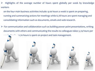 Highlights of the average number of hours spent globally per week by knowledge workers  on the four main business activities include: 9.00 hours a week is spent on preparing,  running and summarizing actions for meetings while 6.78 hours are spent managing and  consolidating information such as documents, emails and web research.  For communication and collaboration such as building power point presentations, writing  documents with others and communicating the results to colleagues takes 5.74 hours per  week. Finally, 10.70 hours is spent on project and task management. 