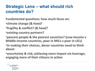Strategic Lens – what should rich
countries do?
Fundamental questions: how much focus on:
•climate change (& how)?
•fragility & conflict? (& how)?
•existing country partners?
•poorest people & the poorest countries? (Low-income v
Middle-Income countries, poor in MICs v poor in LICs)
•In making their choices, donor countries need to think
about:
•uncertainty & risk; achieving more impact via leverage;
engaging more of their citizens in action
 