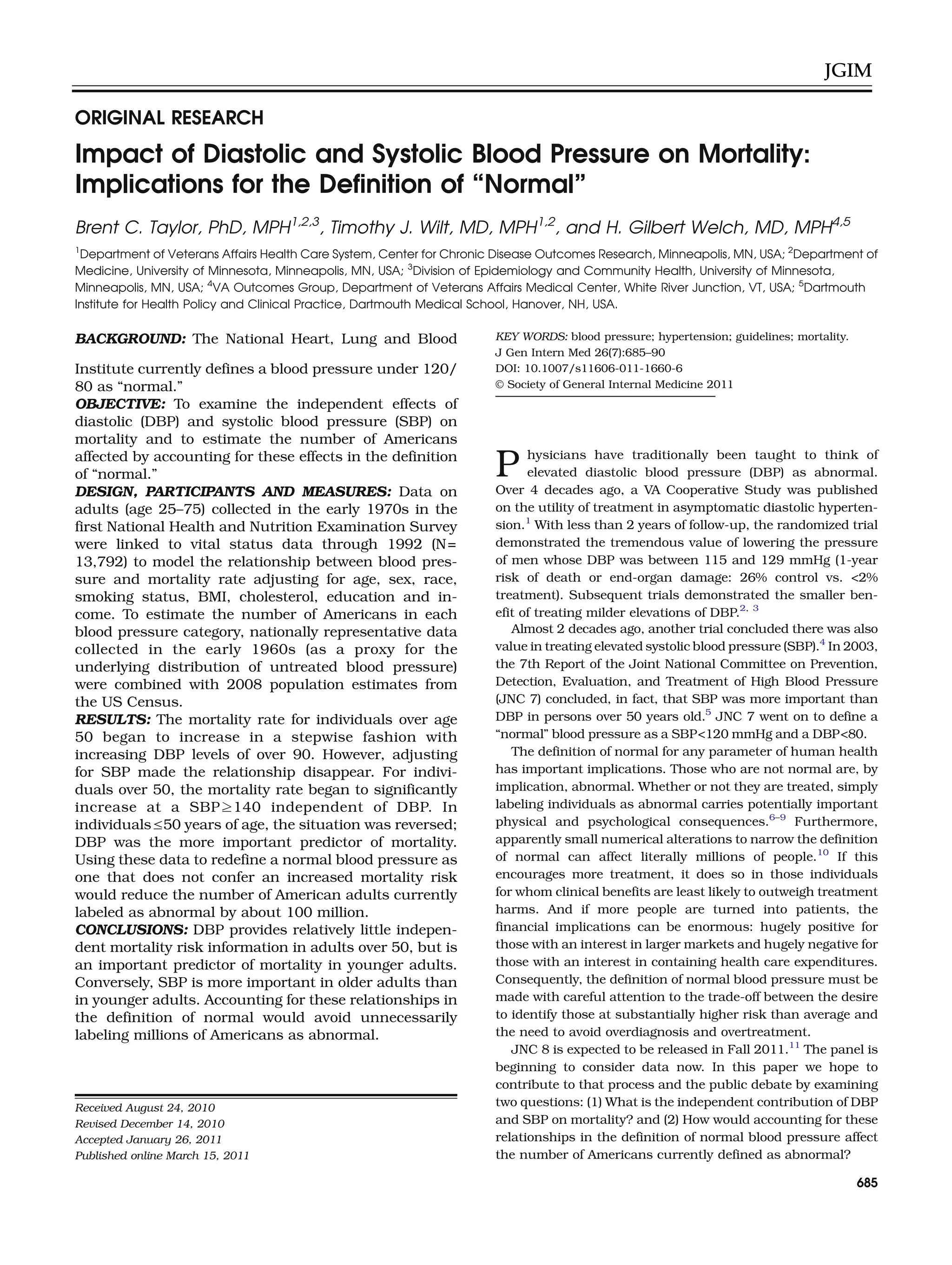 Impact of diastolic and systolic blood pressure on mortality ...