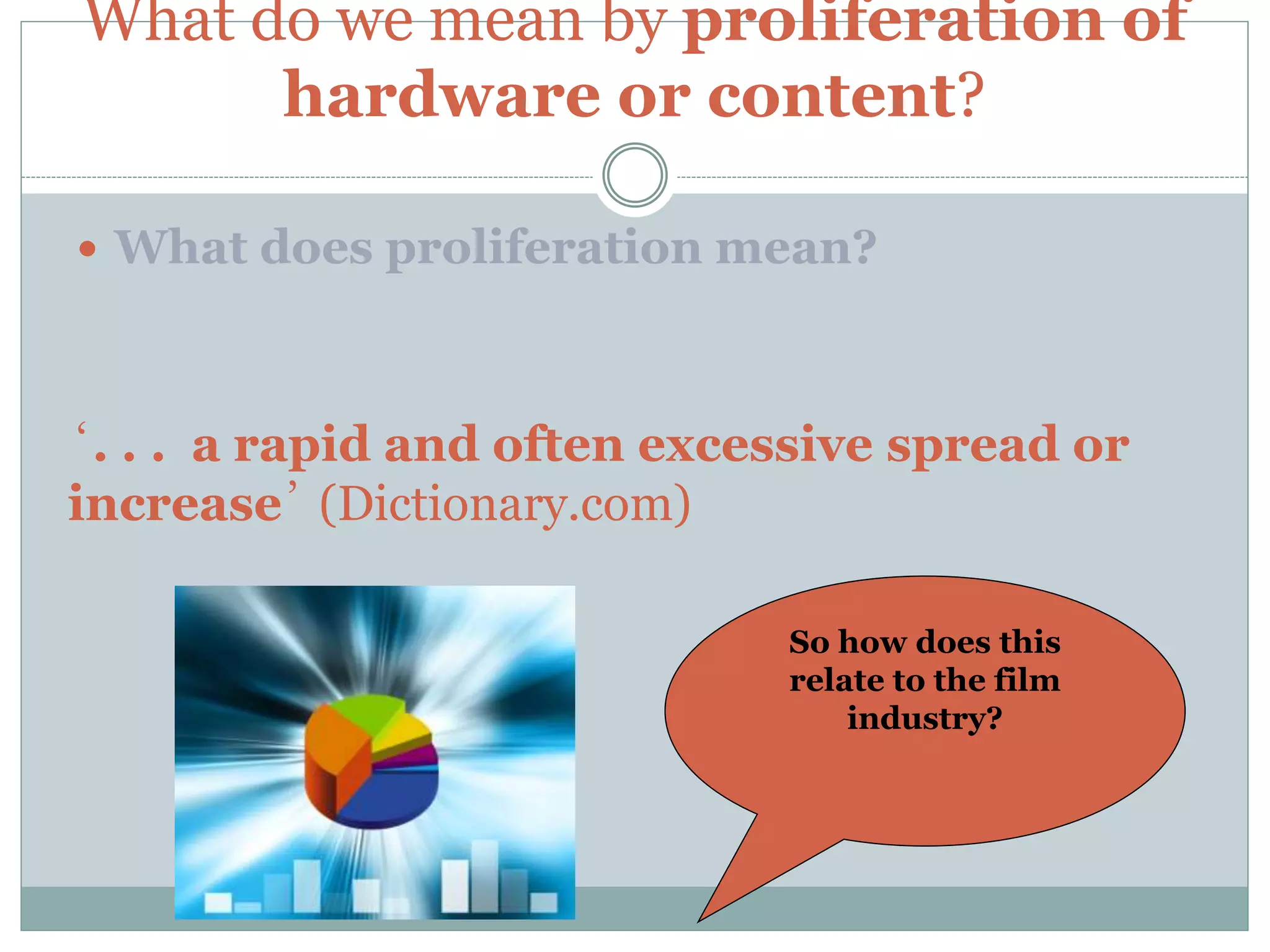 What do we mean by proliferation of
hardware or content?
 What does proliferation mean?
So how does this
relate to the film
industry?
‘. . . a rapid and often excessive spread or
increase’ (Dictionary.com)
 