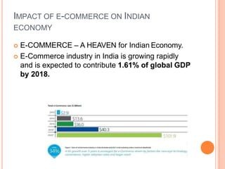 IMPACT OF E-COMMERCE ON INDIAN
ECONOMY
 E-COMMERCE – A HEAVEN for Indian Economy.
 E-Commerce industry in India is growing rapidly
and is expected to contribute 1.61% of global GDP
by 2018.
 
