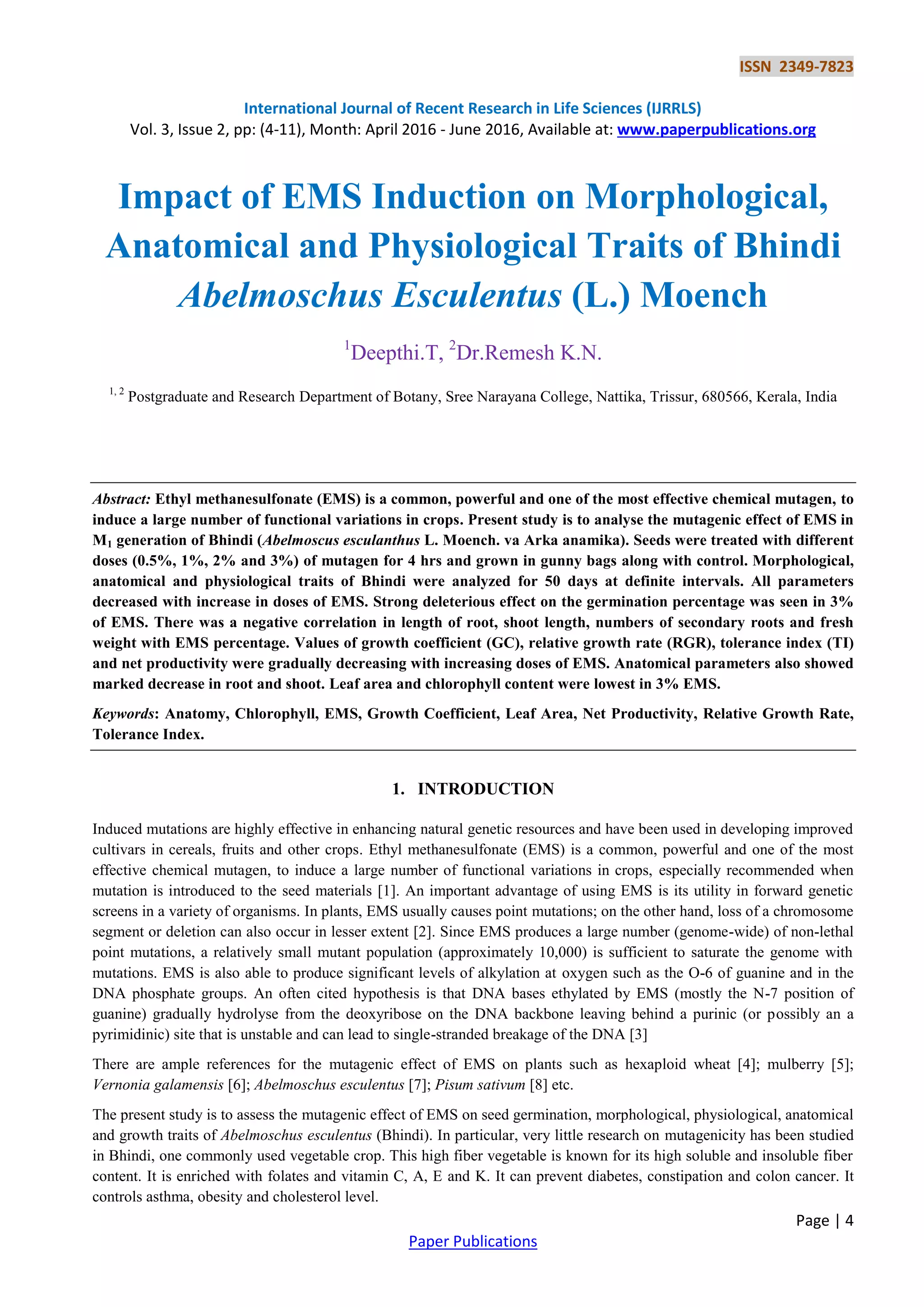 Impact of EMS Induction on Morphological, Anatomical and Physiological ...