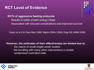 RCT Level of Evidence
 RCTs of aggressive feeding protocols
 Results in better protein-energy intake
 Associated with reduced complications and improved survival
Taylor et al Crit Care Med 1999; Martin CMAJ 2004; Doig GS JAMA 2008
However, the estimates of their effectiveness are limited due to:
 the nature of small single-center studies
 the bundling with many other interventions in cluster
randomized controlled trials.
1
 