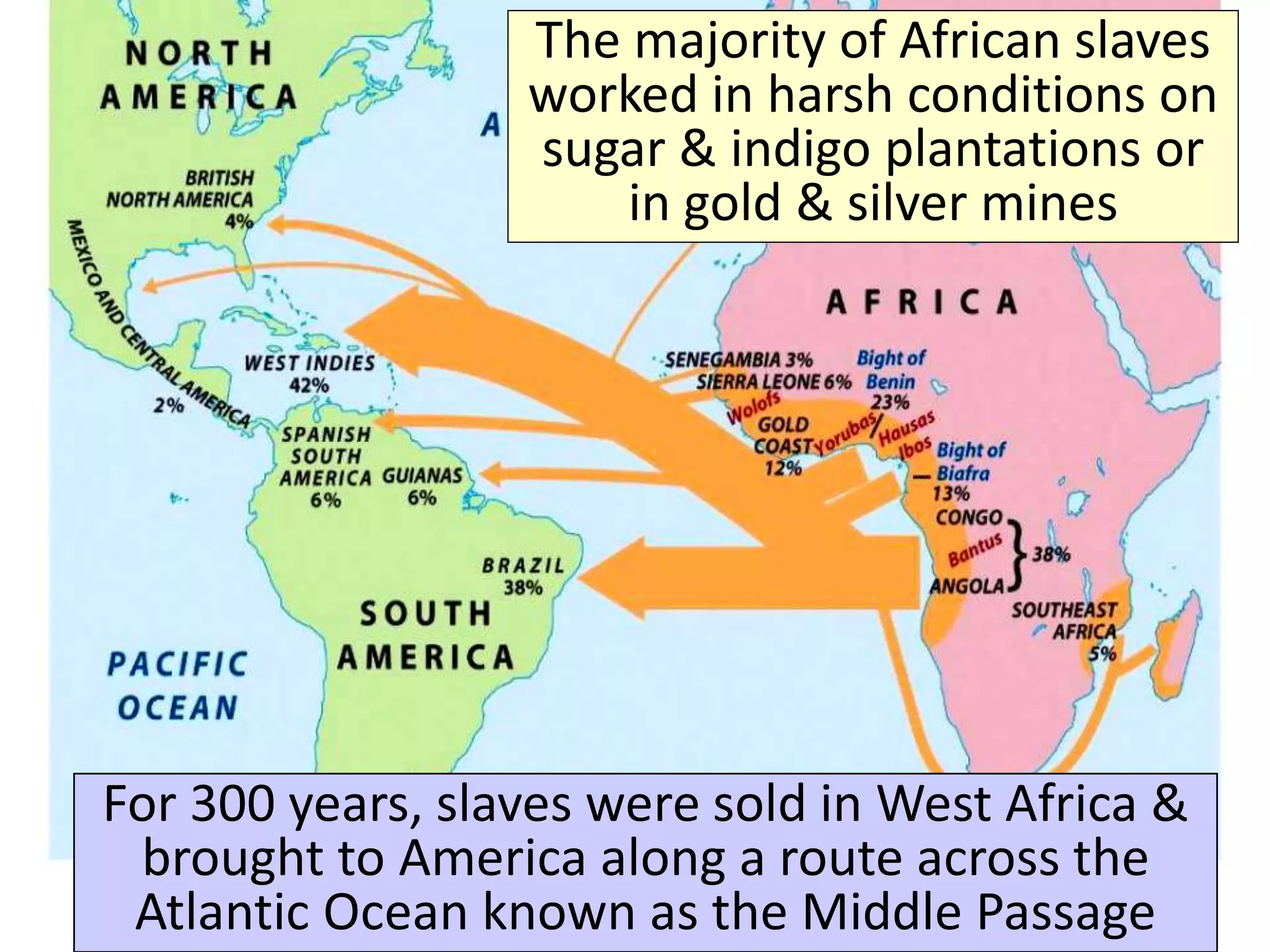For 300 years, slaves were sold in West Africa &
brought to America along a route across the
Atlantic Ocean known as the Middle Passage
The majority of African slaves
worked in harsh conditions on
sugar & indigo plantations or
in gold & silver mines
 