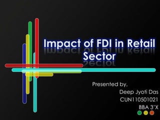 Impact of FDI in Retail
       Sector

          Presented by,
                    Deep Jyoti Das
                    CUN110501021
                          BBA 3’X
 