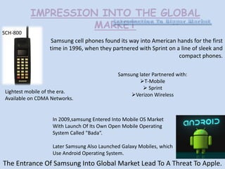 SCH-800

IMPRESSION INTO THE GLOBAL
MARKET
Samsung cell phones found its way into American hands for the first
time in 1996, when they partnered with Sprint on a line of sleek and
compact phones.

Lightest mobile of the era.
Available on CDMA Networks.

Samsung later Partnered with:
T-Mobile
 Sprint
Verizon Wireless

In 2009,samsung Entered Into Mobile OS Market
With Launch Of Its Own Open Mobile Operating
System Called "Bada“.
Later Samsung Also Launched Galaxy Mobiles, which
Use Android Operating System.

The Entrance Of Samsung Into Global Market Lead To A Threat To Apple.

 