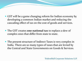  GST will be a game changing reform for Indian economy by
developing a common Indian market and reducing the
cascading ef...