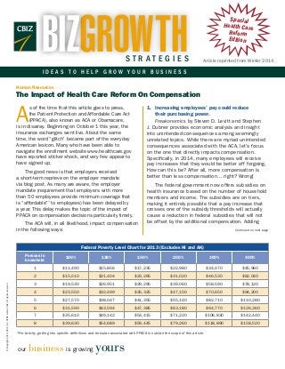BIZGROWTH

STRATEGIES

Special
Health Care
Reform
Edition
Article reprinted from Winter 2014

IDEAS TO HELP GROW YOUR BUSINESS
Human Resources

The Impact of Health Care Reform On Compensation

A

1.	
Increasing employees’ pay could reduce
their purchasing power.
Freakonomics by Steven D. Levitt and Stephen
J. Dubner provides economic analysis and insight
into unintended consequences among seemingly
unrelated topics. While there are myriad unintended
consequences associated with the ACA, let’s focus
on the one that directly impacts compensation.
Specifically, in 2014, many employees will receive
pay increases that they would be better off forgoing.
How can this be? After all, more compensation is
better than less compensation… right? Wrong!

s of the time that this article goes to press,
the Patient Protection and Affordable Care Act
(PPACA), also known as ACA or Obamacare,
is in disarray. Beginning on October 1 this year, the
insurance exchanges went live. About the same
time, the word “glitch” became part of the everyday
American lexicon. Many who have been able to
navigate the enrollment website www.healthcare.gov
have reported sticker shock, and very few appear to
have signed up.
The good news is that employers received
a short-term reprieve on the employer mandate
via blog post. As many are aware, the employer
mandate (requirement that employers with more
than 50 employees provide minimum coverage that
is “affordable”* to employees) has been delayed by
a year. This delay makes the topic of the impact of
PPACA on compensation decisions particularly timely.
The ACA will, in all likelihood, impact compensation
in the following ways:

The federal government now offers subsidies on
health insurance based on the number of household
members and income. The subsidies are on tiers,
making it entirely possible that a pay increase that
crosses one of the subsidy thresholds will actually
cause a reduction in federal subsidies that will not
be offset by the additional compensation. Adding
Continued on next page

Federal Poverty Level Chart for 2013 (Excludes HI and AK)
100%

138%

150%

200%

300%

400%

1

$11,490

$15,856

$17,235

$22,980

$34,470

$45,960

2
© Copyright 2014. CBIZ, Inc. NYSE Listed: CBZ. All rights reserved.

Persons in
household

$15,510

$21,404

$23,265

$31,020

$46,530

$62,040

3

$19,530

$26,951

$29,295

$39,060

$58,590

$78,120

4

$23,550

$32,499

$35,325

$47,100

$70,650

$94,200

5

$27,570

$38,047

$41,355

$55,140

$82,710

$110,280

6

$31,590

$43,594

$47,385

$63,180

$94,770

$126,360

7

$35,610

$49,142

$53,415

$71,220

$106,830

$142,440

8

$39,630

$54,689

$59,445

$79,260

$118,890

$158,520

* or brevity, getting into specific definitions and formulas associated with PPACA is outside the scope of this article.
F

our

business is growing yours

 