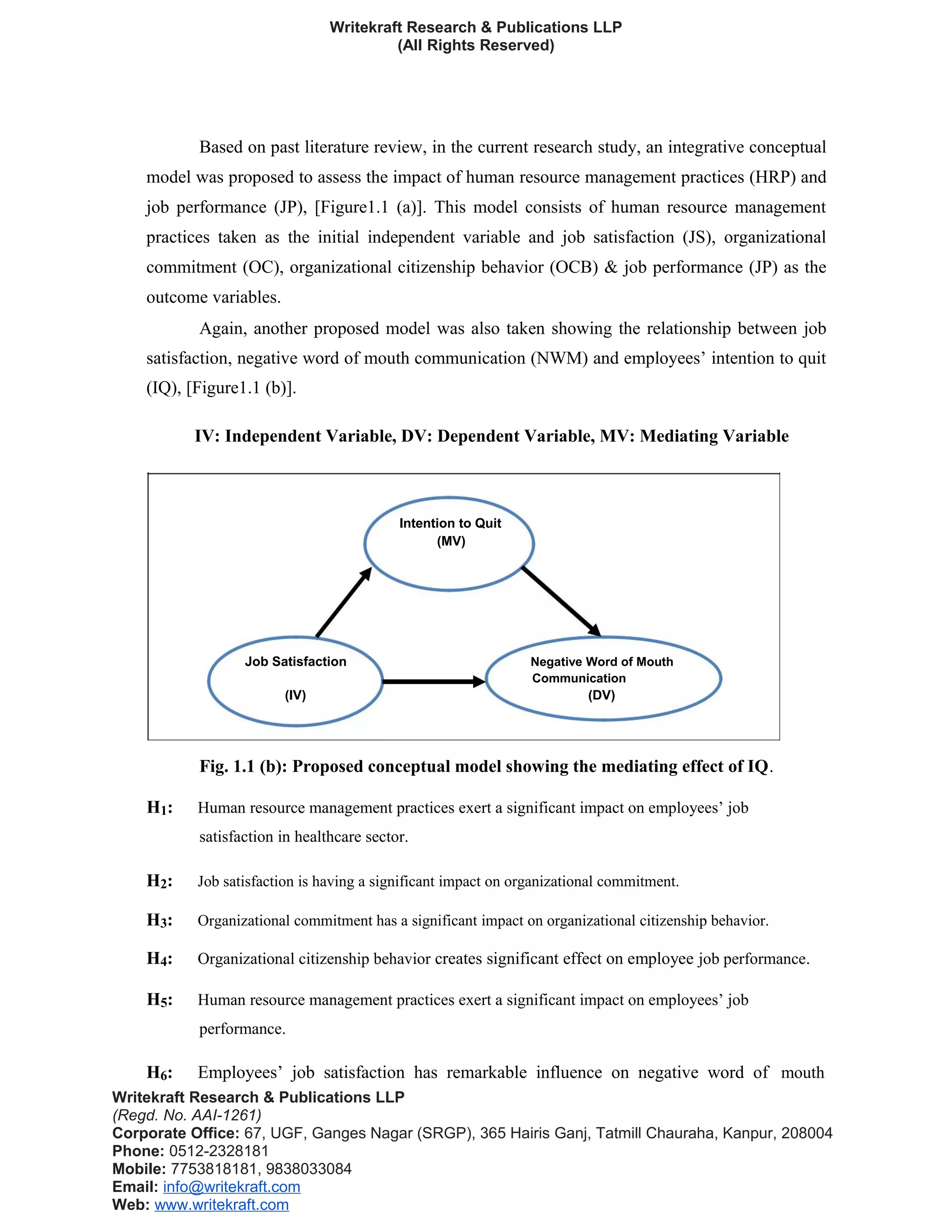 Writekraft Research & Publications LLP
(All Rights Reserved)
Based on past literature review, in the current research study, an integrative conceptual
model was proposed to assess the impact of human resource management practices (HRP) and
job performance (JP), [Figure1.1 (a)]. This model consists of human resource management
practices taken as the initial independent variable and job satisfaction (JS), organizational
commitment (OC), organizational citizenship behavior (OCB) & job performance (JP) as the
outcome variables.
Again, another proposed model was also taken showing the relationship between job
satisfaction, negative word of mouth communication (NWM) and employees’ intention to quit
(IQ), [Figure1.1 (b)].
IV: Independent Variable, DV: Dependent Variable, MV: Mediating Variable
Intention to Quit
(MV)
Job Satisfaction Negative Word of Mouth
Communication
(IV) (DV)
Fig. 1.1 (b): Proposed conceptual model showing the mediating effect of IQ.
H1: Human resource management practices exert a significant impact on employees’ job
satisfaction in healthcare sector.
H2: Job satisfaction is having a significant impact on organizational commitment.
H3: Organizational commitment has a significant impact on organizational citizenship behavior.
H4: Organizational citizenship behavior creates significant effect on employee job performance.
H5: Human resource management practices exert a significant impact on employees’ job
performance.
H6: Employees’ job satisfaction has remarkable influence on negative word of mouth
Writekraft Research & Publications LLP
(Regd. No. AAI-1261)
Corporate Office: 67, UGF, Ganges Nagar (SRGP), 365 Hairis Ganj, Tatmill Chauraha, Kanpur, 208004
Phone: 0512-2328181
Mobile: 7753818181, 9838033084
Email: info@writekraft.com
Web: www.writekraft.com
 