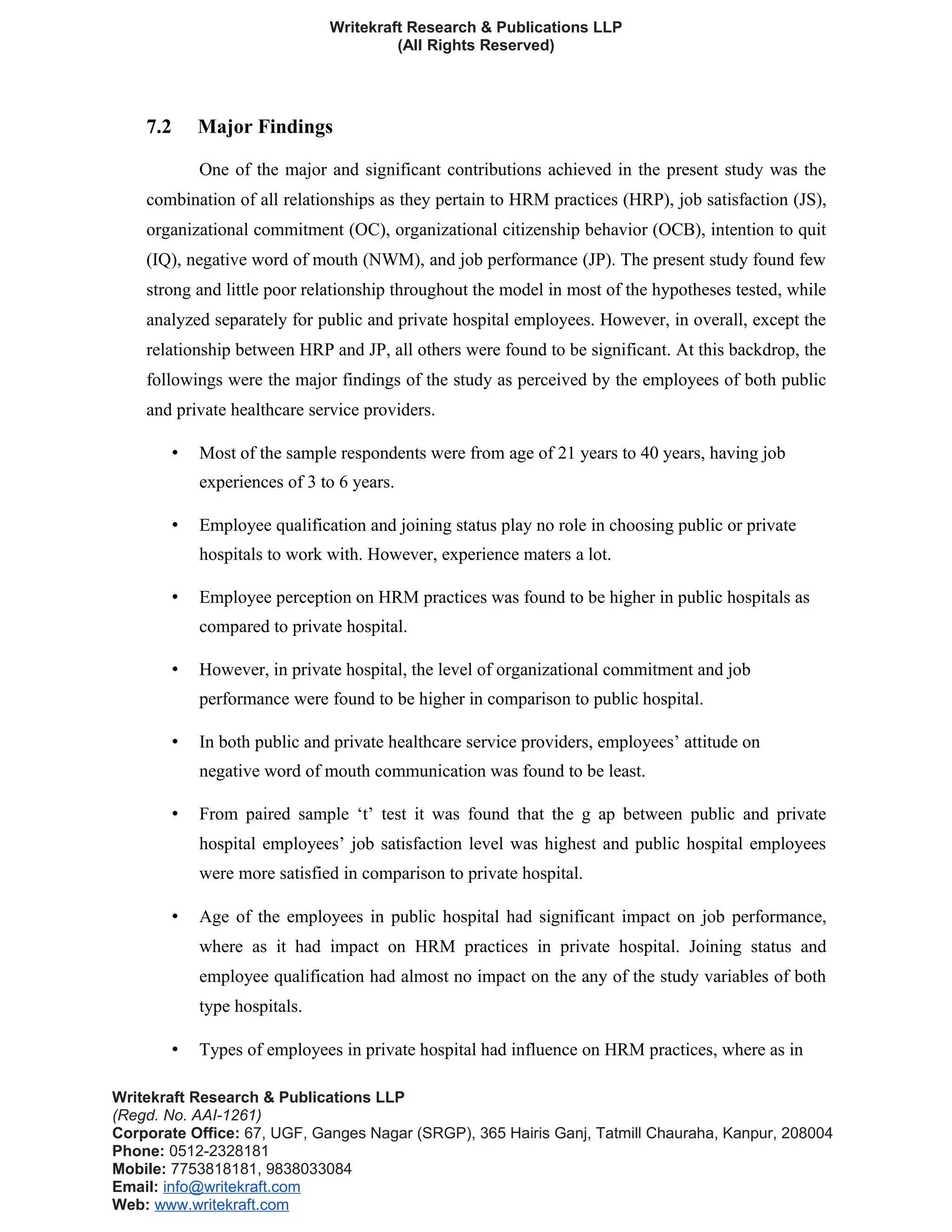 Writekraft Research & Publications LLP
(All Rights Reserved)
7.2 Major Findings
One of the major and significant contributions achieved in the present study was the
combination of all relationships as they pertain to HRM practices (HRP), job satisfaction (JS),
organizational commitment (OC), organizational citizenship behavior (OCB), intention to quit
(IQ), negative word of mouth (NWM), and job performance (JP). The present study found few
strong and little poor relationship throughout the model in most of the hypotheses tested, while
analyzed separately for public and private hospital employees. However, in overall, except the
relationship between HRP and JP, all others were found to be significant. At this backdrop, the
followings were the major findings of the study as perceived by the employees of both public
and private healthcare service providers.
• Most of the sample respondents were from age of 21 years to 40 years, having job
experiences of 3 to 6 years.
• Employee qualification and joining status play no role in choosing public or private
hospitals to work with. However, experience maters a lot.
• Employee perception on HRM practices was found to be higher in public hospitals as
compared to private hospital.
• However, in private hospital, the level of organizational commitment and job
performance were found to be higher in comparison to public hospital.
• In both public and private healthcare service providers, employees’ attitude on
negative word of mouth communication was found to be least.
• From paired sample ‘t’ test it was found that the g ap between public and private
hospital employees’ job satisfaction level was highest and public hospital employees
were more satisfied in comparison to private hospital.
• Age of the employees in public hospital had significant impact on job performance,
where as it had impact on HRM practices in private hospital. Joining status and
employee qualification had almost no impact on the any of the study variables of both
type hospitals.
• Types of employees in private hospital had influence on HRM practices, where as in
Writekraft Research & Publications LLP
(Regd. No. AAI-1261)
Corporate Office: 67, UGF, Ganges Nagar (SRGP), 365 Hairis Ganj, Tatmill Chauraha, Kanpur, 208004
Phone: 0512-2328181
Mobile: 7753818181, 9838033084
Email: info@writekraft.com
Web: www.writekraft.com
 