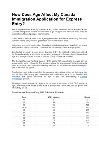 How Does Age Affect My Canada
Immigration Application for Express
Entry?
The Comprehensive Ranking System (CRS) points awarded by the Express Entry
Canada immigration system are intended to go to applicants who are most likely to
integrate swiftly and prosper economically.
It also aims to halt the trend of an ageing population, which is an increasing source of
concern as the baby boomer generation leaves the labour force.
In terms of economic immigration, Canada aims to bring in young, qualified individuals
who possess the fundamental competencies necessary for quick employment.
Candidates are given a score under Express Entry, the method of selection utilized
for the vast majority of economic immigration programs in Canada, depending on their
age and the age of their spouse or partner, if any, if they are married.
The Comprehensive Ranking System (CRS) score that a candidate receives can be
increased by up to 110 points. The points available for age can contribute significantly
to an application, with Invitations to Apply awarded to candidates scoring in the region
of 415 to 460 CRS points.
Candidates need to be mindful of the decrease in available points as they near the
end of their 30s. Simply put, submitting your application as soon as feasible will
maximize the points available for age if you are considering a Canada
immigration project.
Although a candidate who is 29 years old receives a maximum of 110 CRS points for
age, after that point, those points start to sharply fall. There are only 55 points left
when they are 39.
Based on age, Express Entry CRS Points are Available
Age With spouse Single
17 0 0
18 90 99
19 95 105
20-29 100 110
30 95 105
31 90 99
32 85 94
33 80 88
34 75 83
35 70 77
36 65 72
 