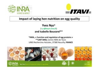 Nys Yves / Impact of Laying hen nutrition on egg quality 20/ 11/ 2013
.01
Impact of laying hen nutrition on egg quality 
Yves Nys* 
(nys@tours.inra.fr)
and Isabelle Bouvarel** 
*INRA, « Function and regulation of egg proteins »
**UMT BIRD, Centre INRA de Tours
UR83 Recherches Avicoles, 37380 Nouzilly, FRANCE
 