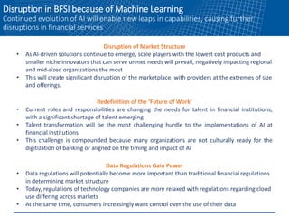Disruption in BFSI because of Machine Learning
Continued evolution of AI will enable new leaps in capabilities, causing further
disruptions in financial services
Redefinition of the ‘Future of Work’
• Current roles and responsibilities are changing the needs for talent in financial institutions,
with a significant shortage of talent emerging
• Talent transformation will be the most challenging hurdle to the implementations of AI at
financial institutions
• This challenge is compounded because many organizations are not culturally ready for the
digitization of banking or aligned on the timing and impact of AI
Data Regulations Gain Power
• Data regulations will potentially become more important than traditional financial regulations
in determining market structure
• Today, regulations of technology companies are more relaxed with regulations regarding cloud
use differing across markets
• At the same time, consumers increasingly want control over the use of their data
Disruption of Market Structure
• As AI-driven solutions continue to emerge, scale players with the lowest cost products and
smaller niche innovators that can serve unmet needs will prevail, negatively impacting regional
and mid-sized organizations the most
• This will create significant disruption of the marketplace, with providers at the extremes of size
and offerings.
 