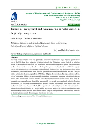 J. Bio. & Env. Sci. 2021
36 | Alejo and Balderama
Introduction
Degradation of canal systems due to age, siltation,
and ext...