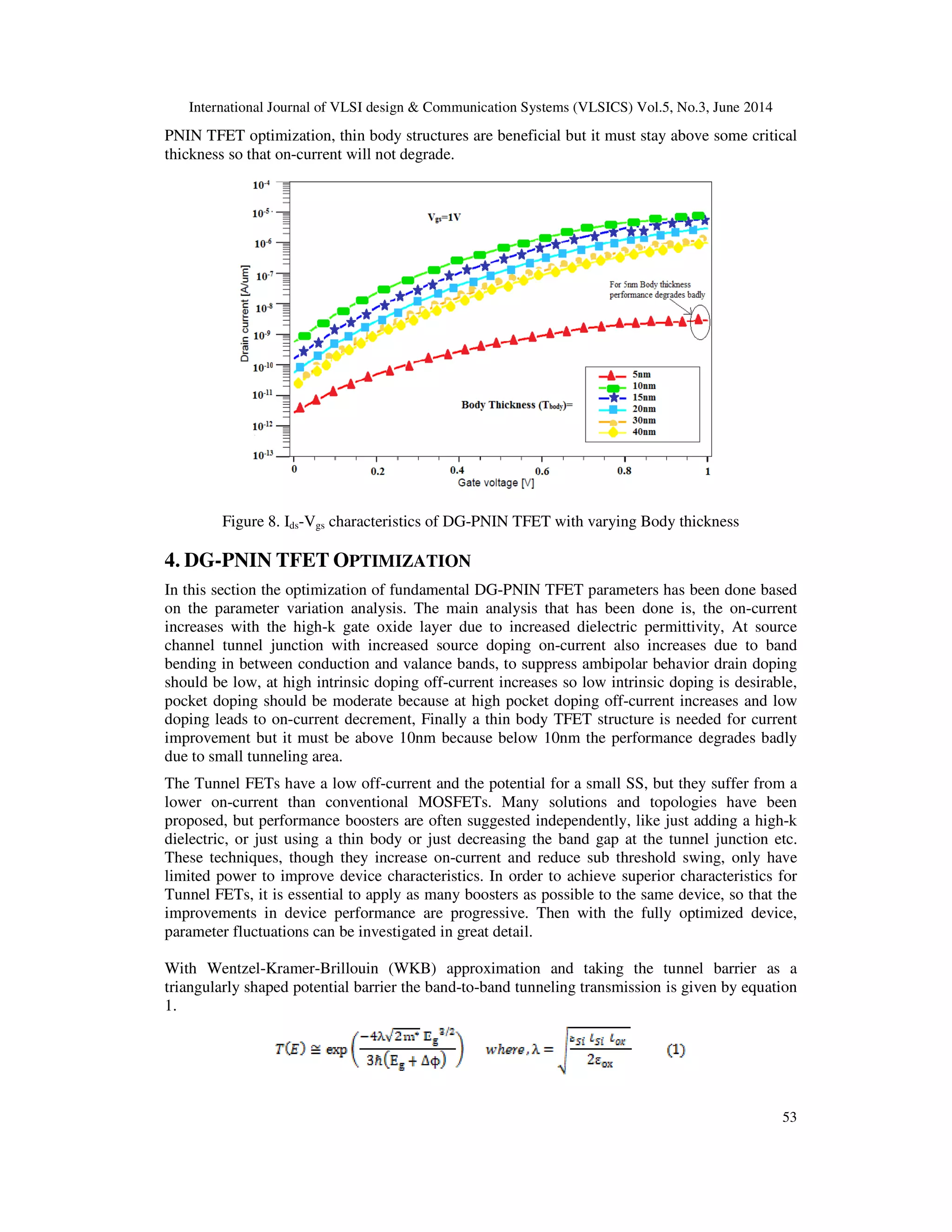 International Journal of VLSI design & Communication Systems (VLSICS) Vol.5, No.3, June 2014
53
PNIN TFET optimization, thin body structures are beneficial but it must stay above some critical
thickness so that on-current will not degrade.
Figure 8. Ids-Vgs characteristics of DG-PNIN TFET with varying Body thickness
4. DG-PNIN TFET OPTIMIZATION
In this section the optimization of fundamental DG-PNIN TFET parameters has been done based
on the parameter variation analysis. The main analysis that has been done is, the on-current
increases with the high-k gate oxide layer due to increased dielectric permittivity, At source
channel tunnel junction with increased source doping on-current also increases due to band
bending in between conduction and valance bands, to suppress ambipolar behavior drain doping
should be low, at high intrinsic doping off-current increases so low intrinsic doping is desirable,
pocket doping should be moderate because at high pocket doping off-current increases and low
doping leads to on-current decrement, Finally a thin body TFET structure is needed for current
improvement but it must be above 10nm because below 10nm the performance degrades badly
due to small tunneling area.
The Tunnel FETs have a low off-current and the potential for a small SS, but they suffer from a
lower on-current than conventional MOSFETs. Many solutions and topologies have been
proposed, but performance boosters are often suggested independently, like just adding a high-k
dielectric, or just using a thin body or just decreasing the band gap at the tunnel junction etc.
These techniques, though they increase on-current and reduce sub threshold swing, only have
limited power to improve device characteristics. In order to achieve superior characteristics for
Tunnel FETs, it is essential to apply as many boosters as possible to the same device, so that the
improvements in device performance are progressive. Then with the fully optimized device,
parameter fluctuations can be investigated in great detail.
With Wentzel-Kramer-Brillouin (WKB) approximation and taking the tunnel barrier as a
triangularly shaped potential barrier the band-to-band tunneling transmission is given by equation
1.
 