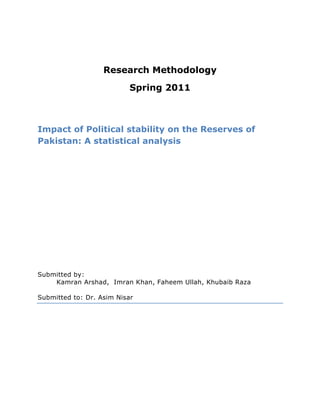 Research Methodology<br />Spring 2011<br />Impact of Political stability on the Reserves of Pakistan: A statistical analysis<br />Submitted by: <br />Kamran Arshad,  Imran Khan, Faheem Ullah, Khubaib Raza<br />Submitted to: Dr. Asim Nisar<br />Table of Contents TOC  quot;
1-3quot;
    Abstract PAGEREF _Toc292463362  4Introduction and Purpose PAGEREF _Toc292463363  5Objective PAGEREF _Toc292463364  7Scope and limitations PAGEREF _Toc292463365  7Hypothesis PAGEREF _Toc292463366  8Research Methodology PAGEREF _Toc292463367  9Data collection PAGEREF _Toc292463368  9Data analysis Method PAGEREF _Toc292463369  9XmR Charts PAGEREF _Toc292463370  10Results PAGEREF _Toc292463371  11Major Historical events in Pakistan’s Politics PAGEREF _Toc292463372  14First military era (1958-1971) PAGEREF _Toc292463373  14Second democratic era (1971-1977) PAGEREF _Toc292463374  14Second military era (1977-1988) PAGEREF _Toc292463375  14Third democratic era (1988-1999) PAGEREF _Toc292463376  15Third military era (1999 - 2007) PAGEREF _Toc292463377  15Fourth democratic era (2008- present) PAGEREF _Toc292463378  16Data Analysis PAGEREF _Toc292463379  17Process (X) chart PAGEREF _Toc292463380  17Moving Range (mR) Chart PAGEREF _Toc292463381  17Conclusion PAGEREF _Toc292463382  18References PAGEREF _Toc292463383  19<br />“Excellence is doing ordinary things extraordinarily well” as said by Booker T Washington, “Excellence is to do a common thing in an uncommon way”.<br />Abstract<br />The purpose of this paper is to study the Impact of Political stability on the Reserves of Pakistan. The analysis is based on the data collected from World Bank on the inflated reserves of Pakistan in last 50 years (1960-2010). We organized a framework that considers environmental factors (political, Military, regional conflicts, Influence of Super Powers etc.) and its impact on one the key financial indicators of Pakistan’s economy; i.e. Pakistan Reserves. The Research analysis shows a strong correlation between these factors and reserves. It also holds up the hypothesis that the political and historical events can affect the financial reserves in statistical terms. <br />Introduction and Purpose<br />The economy of Pakistan is the 25th largest economy in the world in terms of purchasing power, and the 45th largest in absolute dollar terms. Pakistan has a semi-industrialized economy, which mainly encompasses textiles, chemicals, food processing, agriculture and other industries.  Growth poles of Pakistan's economy are situated along the Indus River, diversified economies of Karachi and Punjab's urban centers, coexist with lesser developed areas in other parts of the country. <br />The economy has suffered in the past from decades of internal political disputes, a fast growing population, mixed levels of foreign investment, a costly Substantial macroeconomic reforms since 2000, most notably at privatizing the banking sector have helped the economy. GDP growth, spurred by gains in the industrial and service sectors, remained in the 6-8% range in 2004-06 due to economic reforms in the year 2000 by the Musharraf government.  <br />In 2005, the World Bank named Pakistan the top reformer in its region and in the top 10 reformers globally. Inflation remains the biggest threat to the economy, jumping to more than 9% in 2005 before easing to 7.6% in 2006. In 2009, following the surge in global petrol prices inflation in Pakistan has reached as high as 22.0%. <br />The central bank is pursuing tighter monetary policy while trying to preserve growth. Foreign exchange reserves are bolstered by steady worker remittances, but a growing current account deficit - driven by a widening trade gap as import growth outstrips export expansion - could draw down reserves and dampen GDP growth in the medium term. <br />Pakistan economic analysis shows that national economy is not exactly in best of health. There are plenty of reasons behind present economic, ongoing confrontation with neighboring India and crisis in energy sector. However, IMF-approved government policies, bolstered by foreign investment and renewed access to global markets, have generated solid macroeconomic recovery the last decade. conditions that Pakistan finds itself in. <br />Paolo Mauro (1994), accounts that any one of the different proxies of political stability that he analyzes is significantly positively correlated with private investment and economic growth. <br />Robert Barro (1991) reports, for a sample of 98 countries in the period of 1960-1985, that growth rates are negatively related to measures of political instability. <br />Edgardo E. Zablotsky (1996) concludes that political stability is a prerequisite for economic growth.<br />Muhammad Younis et al (2008) have provided findings on Asia experience that political stability plays a dominant role in determination of economic growth and sources of capital accumulation. There results also show that the role of political stability in accelerating economic growth is more vital then economic freedom.<br />Mitchell A, Seliyson and John Passe- Smith (1998) have summarized the findings of some studies which relate economic growth and political regimes. Their study calls for further work. The influence political regimes wield on economic growth depends on the level of democracy a country enjoys. In Africa and Middle East countries, it has been found, democracy positively influences economic growth. Brazil failed to achieve success in economic liberalization due to the political reforms and democracy development. In Egypt, success of reforms has been credited to the political strength of the bourgeoisie. Greater democracy is thought to hinder growth by raising the pressure for immediate consumption, which reduces investment. Critics argue that dictatorship is better suited to transferring resource from consumption to investment<br />Objective<br />The objective of this paper is to study the impact of political and military actions on the economy of Pakistan in statistical terms. Specifically this paper will serve as a guideline for identifying the key reasons for the economic downfall and its dependency on the political and military stability in the region. <br />Scope and limitations<br />A non-reactive study with longitudinal analysis of Pakistan Inflated Reserves for the years 1960 to 2010. Other financial indicators are not a part of this study, even though they might give detailed picture of the economy. <br />Statistical methods will be used to interpret these figures. This will help us to highlight the significance of this data. These results will be interpreted and analyzed to find the impact of politics, and the events that contributed to the highs and lows. <br />It will not be feasible for us to mention all the historical events corresponding with the data in this study. We will only mention significant events or events that could have a positive or negative effect. Therefore historical events will limit our study as we cannot have a directly correlation. <br />Hypothesis<br />The emphasis of this research is to find and identify any impact on the reserves and then providing evidence through the politics and historical events. Here we can define two variables for this study; the reserves and politics.<br />Therefore the hypotheses are:<br />H0: The political and historical events can affect the financial reserves of Pakistan.<br />H1: The political and historical events are independent of the financial reserves of Pakistan<br />Research Methodology<br />Data collection<br />The data used in this study is taken from the World Bank’s online data repository for the period of 1960 to 2010. This data collected contains Pakistan reserves and inflation rates figures for this time. <br />Data analysis Method<br />Traditional scientific inquiry consists of four interrelated stages: (1) Problem Definition, (2) Data Gathering, (3) Data Analysis, and (4) Data Interpretation. Statistics are used in the data analysis and interpretation stages of an inquiry. The appropriate use of statistics depends upon a basis knowledge of their capacities and limitations. Fortunately, one need not be a statistician to take advantage of this important tool of scientific inquiry.<br />The general purpose of statistical analysis is to provide meaning to what otherwise would be a collection of numbers and/or values. The quot;
meaningfulnessquot;
 of data derives from the clarity with which one specifies the problem or questions being addressed (Stage 1 of the inquiry process) and the precision with which pertinent information is gathered (Stage 2).<br />Statistical procedures fall loosely into three general categories: <br />,[object Object]