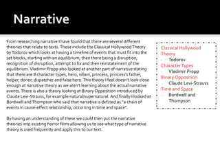 From researching narrative I have found that there are several different
theories that relate to texts. These include the Classical HollywoodTheory
byTodorov which looks at having a timeline of events that must fit into the
set blocks, starting with an equilibrium, then there being a disruption,
recognition of disruption, attempt to fix and then reinstatement of the
equilibrium.Vladimir Propp also looked at another part of narrative stating
that there are 8 character types, hero, villain, princess, princess’s father,
helper, donor, dispatcher and false hero.This theory I feel doesn’t look close
enough at narrative theory as we aren't learning about the actual narrative
events.There is also a theory looking at Binary Opposition introduced by
Claude Levi-Strauss, for example natural/supernatural. And finally I looked at
Bordwell andThompson who said that narrative is defined as “a chain of
events in cause-effect relationship, occurring in time and space”.
By having an understanding of these we could then put the narrative
theories into existing horror films allowing us to see what type of narrative
theory is used frequently and apply this to our text.
Classical Hollywood
Theory
- Todorov
Character Types
- Vladimir Propp
Binary Opposition
- Claude Levi-Strauss
Time and Space
- Bordwell and
Thompson
 