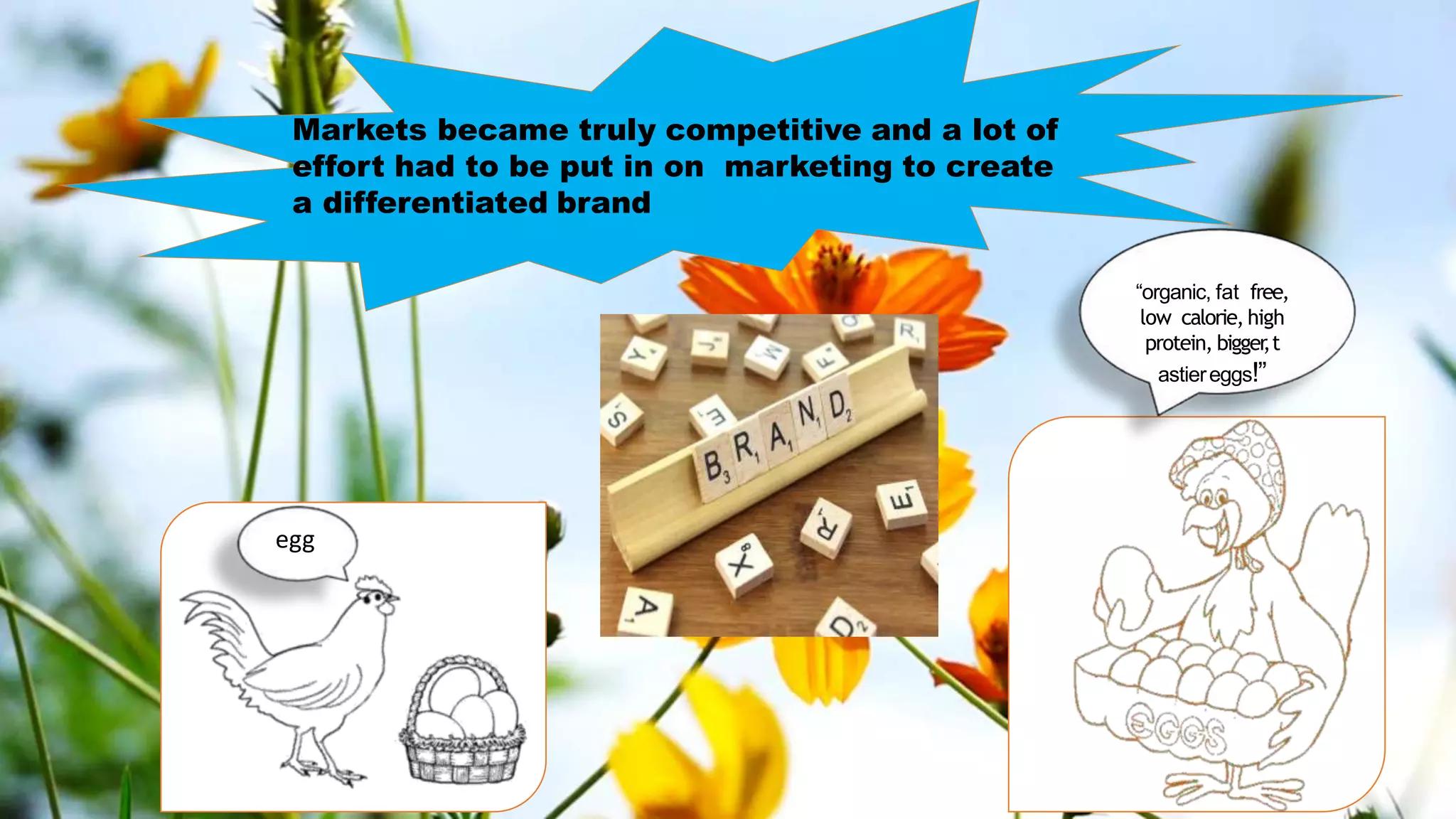 Markets became truly competitive and a lot of
effort had to be put in on marketing to create
a differentiated brand
egg
“organic, fat free,
low calorie, high
protein, bigger
,t
astiereggs!”
 