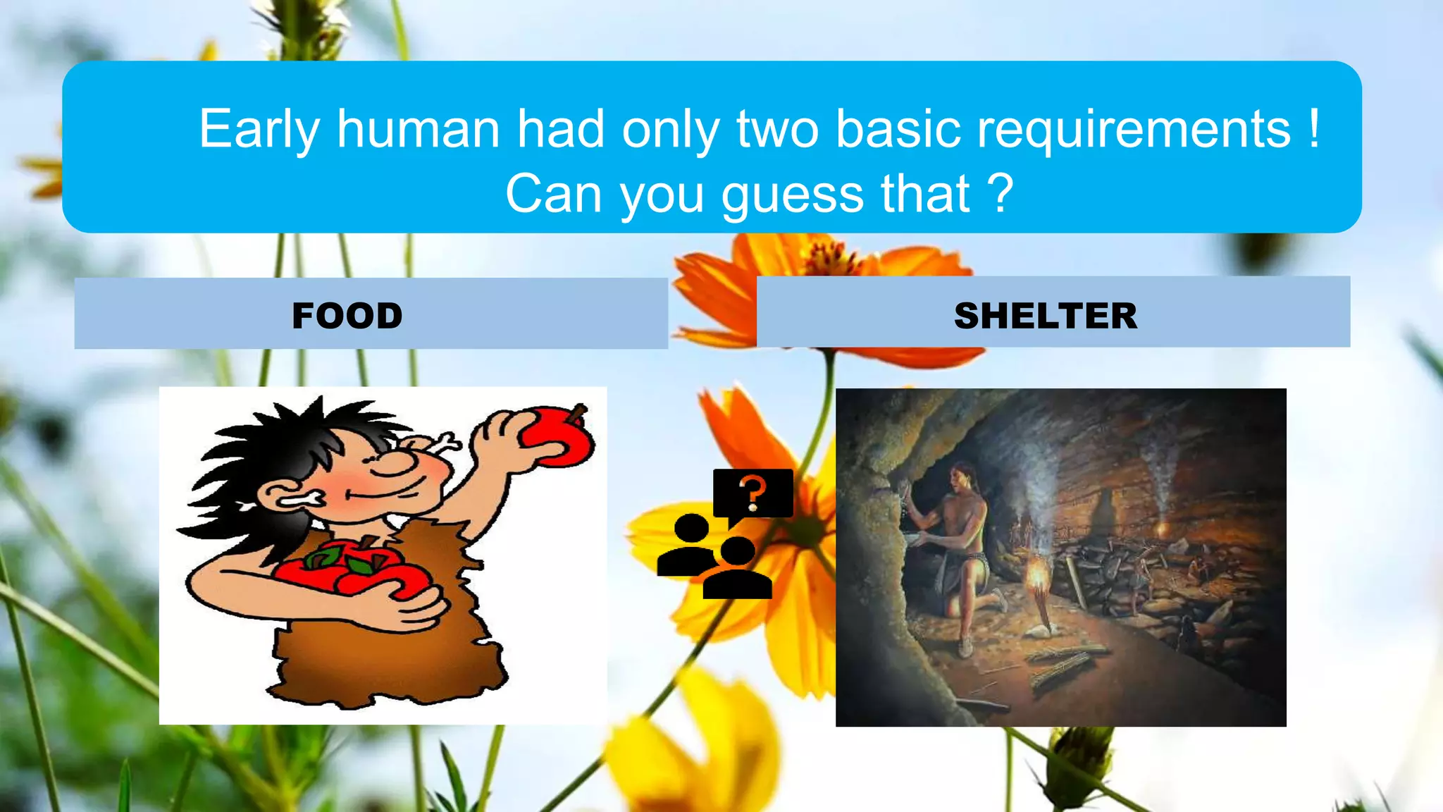 Early human had only two basic requirements !
Can you guess that ?
FOOD SHELTER
 
