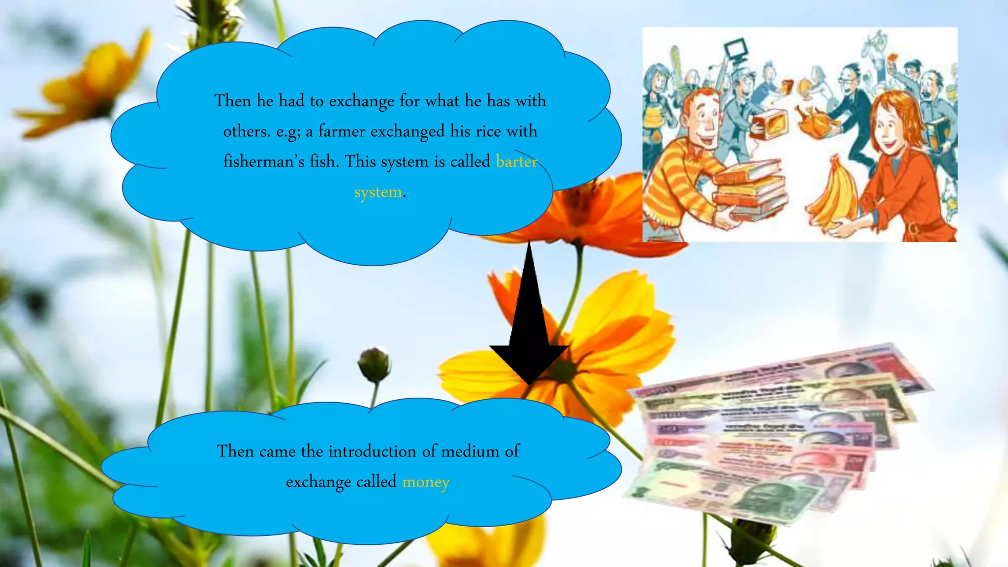 Then he had to exchange for what he has with
others. e.g; a farmer exchanged his rice with
fisherman’s fish. This system is called barter
system.
Then came the introduction of medium of
exchange called money
 
