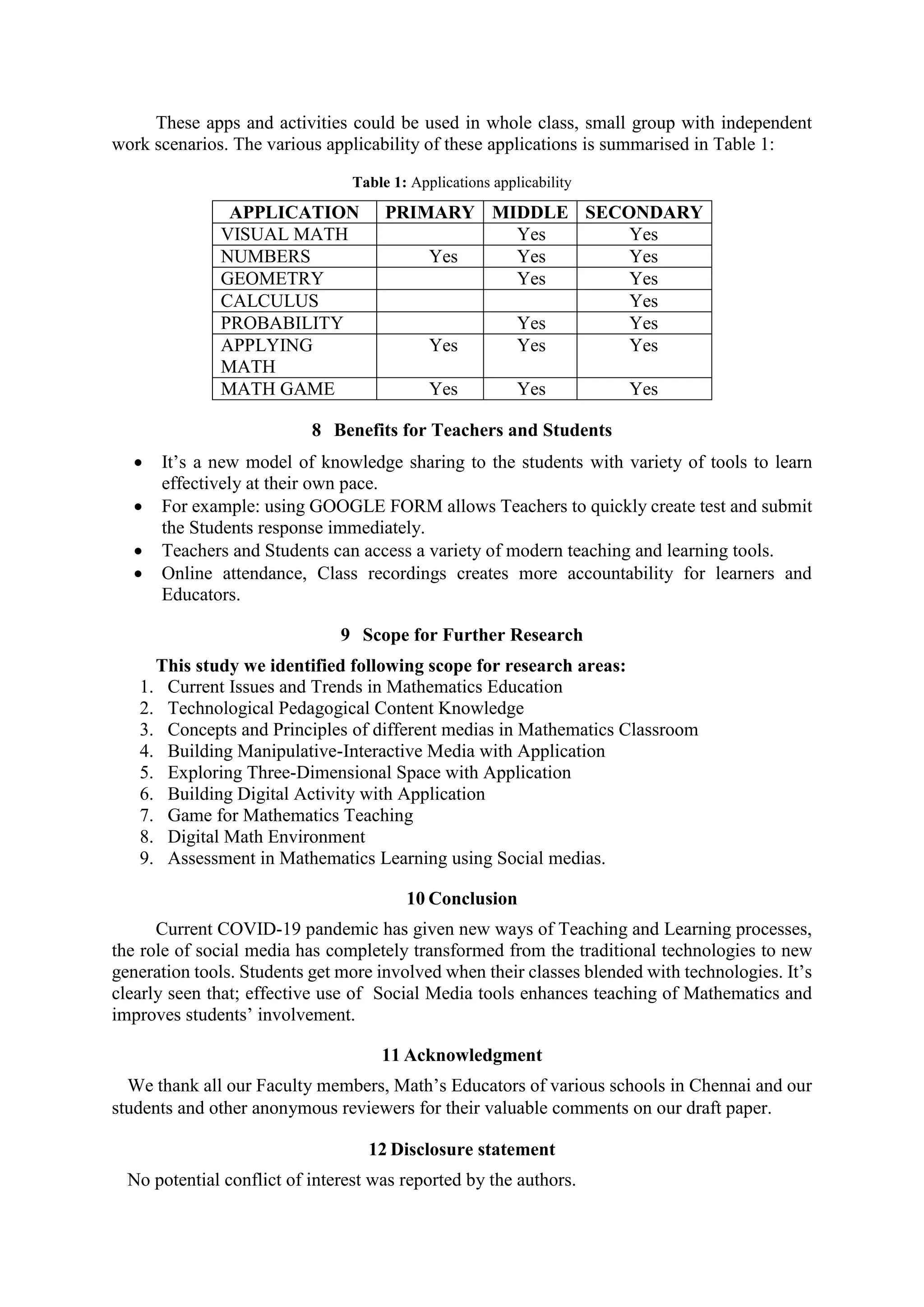 These apps and activities could be used in whole class, small group with independent
work scenarios. The various applicability of these applications is summarised in Table 1:
Table 1: Applications applicability
APPLICATION PRIMARY MIDDLE SECONDARY
VISUAL MATH Yes Yes
NUMBERS Yes Yes Yes
GEOMETRY Yes Yes
CALCULUS Yes
PROBABILITY Yes Yes
APPLYING
MATH
Yes Yes Yes
MATH GAME Yes Yes Yes
8 Benefits for Teachers and Students
 It’s a new model of knowledge sharing to the students with variety of tools to learn
effectively at their own pace.
 For example: using GOOGLE FORM allows Teachers to quickly create test and submit
the Students response immediately.
 Teachers and Students can access a variety of modern teaching and learning tools.
 Online attendance, Class recordings creates more accountability for learners and
Educators.
9 Scope for Further Research
This study we identified following scope for research areas:
1. Current Issues and Trends in Mathematics Education
2. Technological Pedagogical Content Knowledge
3. Concepts and Principles of different medias in Mathematics Classroom
4. Building Manipulative-Interactive Media with Application
5. Exploring Three-Dimensional Space with Application
6. Building Digital Activity with Application
7. Game for Mathematics Teaching
8. Digital Math Environment
9. Assessment in Mathematics Learning using Social medias.
10 Conclusion
Current COVID-19 pandemic has given new ways of Teaching and Learning processes,
the role of social media has completely transformed from the traditional technologies to new
generation tools. Students get more involved when their classes blended with technologies. It’s
clearly seen that; effective use of Social Media tools enhances teaching of Mathematics and
improves students’ involvement.
11 Acknowledgment
We thank all our Faculty members, Math’s Educators of various schools in Chennai and our
students and other anonymous reviewers for their valuable comments on our draft paper.
12 Disclosure statement
No potential conflict of interest was reported by the authors.
 