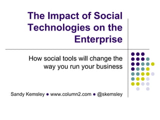 The Impact of Social
      Technologies on the
               Enterprise
      How social tools will change the
          way you run your business



Sandy Kemsley l www.column2.com l @skemsley
 