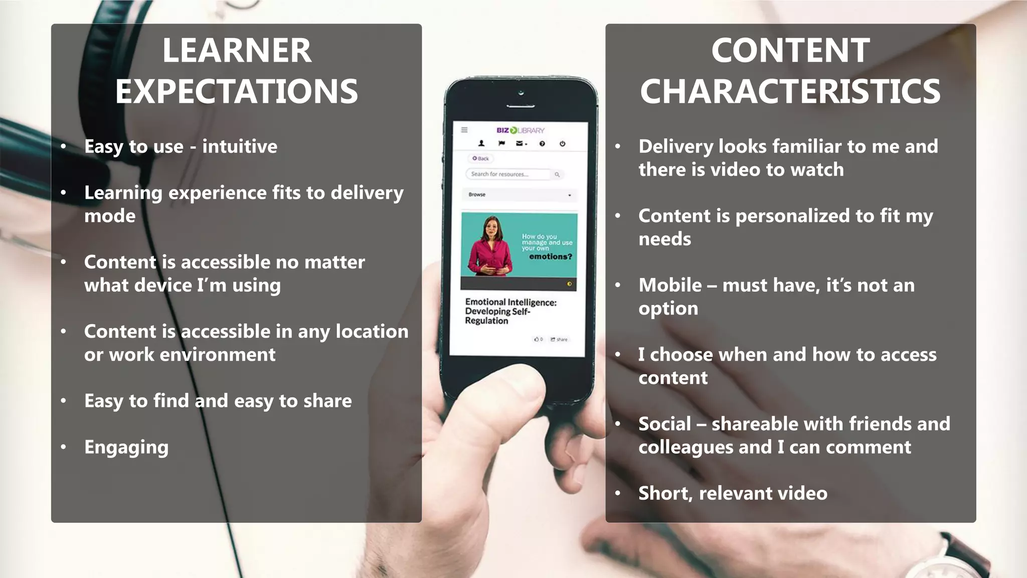 LEARNER
EXPECTATIONS
• Easy to use - intuitive
• Learning experience fits to delivery
mode
• Content is accessible no matter
what device I’m using
• Content is accessible in any location
or work environment
• Easy to find and easy to share
• Engaging
CONTENT
CHARACTERISTICS
• Delivery looks familiar to me and
there is video to watch
• Content is personalized to fit my
needs
• Mobile – must have, it’s not an
option
• I choose when and how to access
content
• Social – shareable with friends and
colleagues and I can comment
• Short, relevant video
 