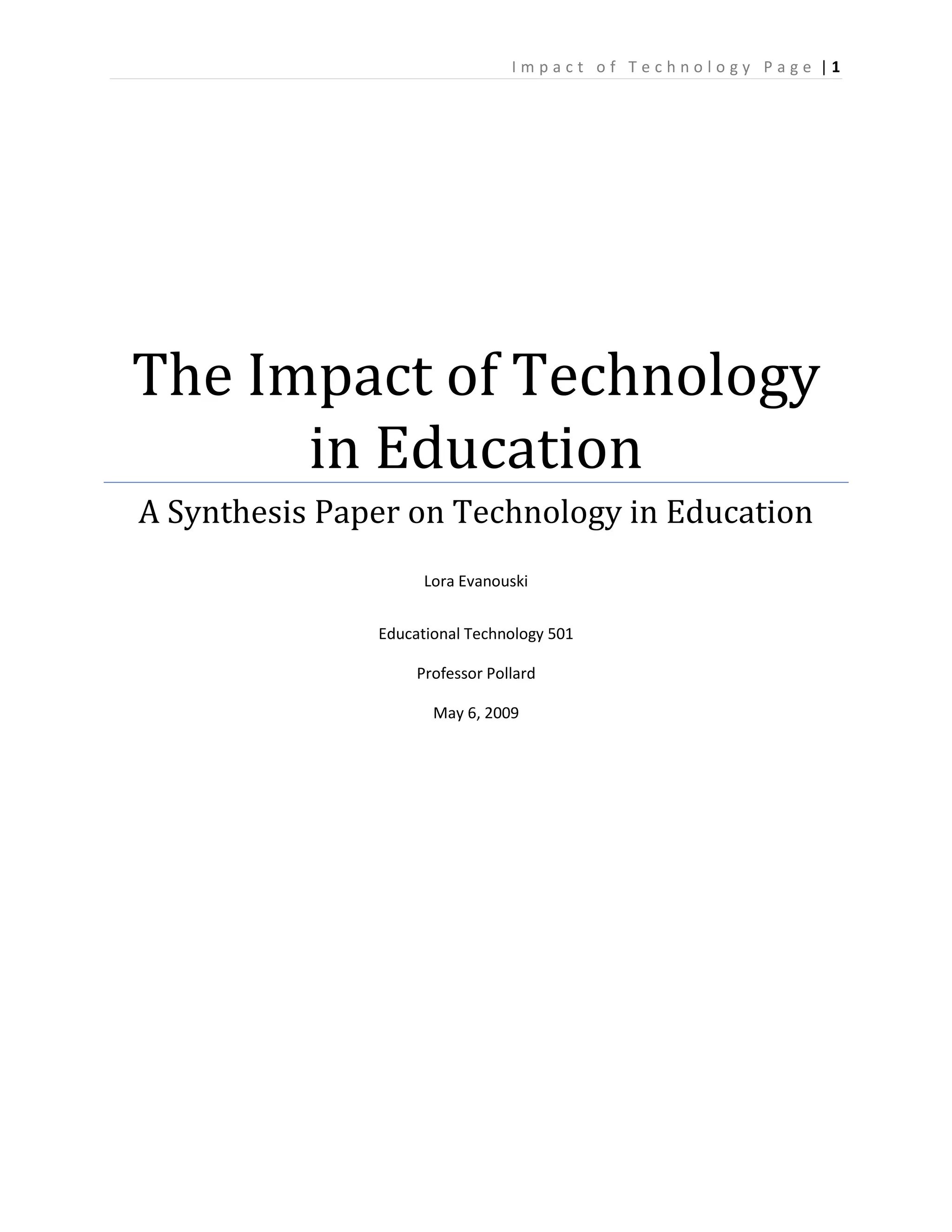 Impact Of Technology In Education Final Draft | DOCX