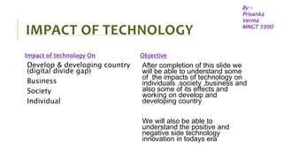 IMPACT OF TECHNOLOGY
Impact of technology On
Develop & developing country
(digital divide gap)
Business
Society
Individual
Objective
After completion of this slide we
will be able to understand some
of the impacts of technology on
individuals ,society ,business and
also some of its effects and
working on develop and
developing country
We will also be able to
understand the positive and
negative side technology
innovation in todays era
By:-
Priyanka
Verma
MNGT 5990
 