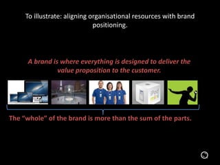 To illustrate: aligning organisational resources with brand
positioning.
A brand is where everything is designed to deliver the
value proposition to the customer.
The “whole” of the brand is more than the sum of the parts.
 